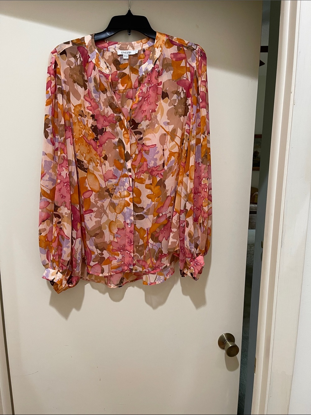 Chico's Floral Sheer Button-Front Blouse in Pink and Orange Tones